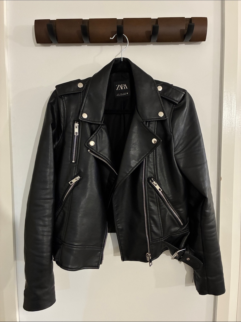 Zara Black Faux Leather Moto Jacket with Silver Hardware